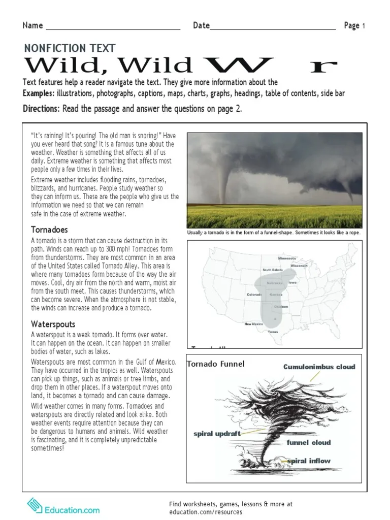 Nonfiction Text Features Wild Wild Weather Reading Worksheet Third grade students analyzing nonfiction text features while reading a passage about extreme weather patterns