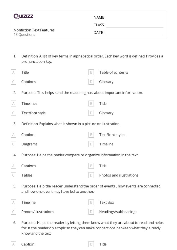 Third grade students identifying nonfiction text features like headings, captions, and bold words on a worksheet page