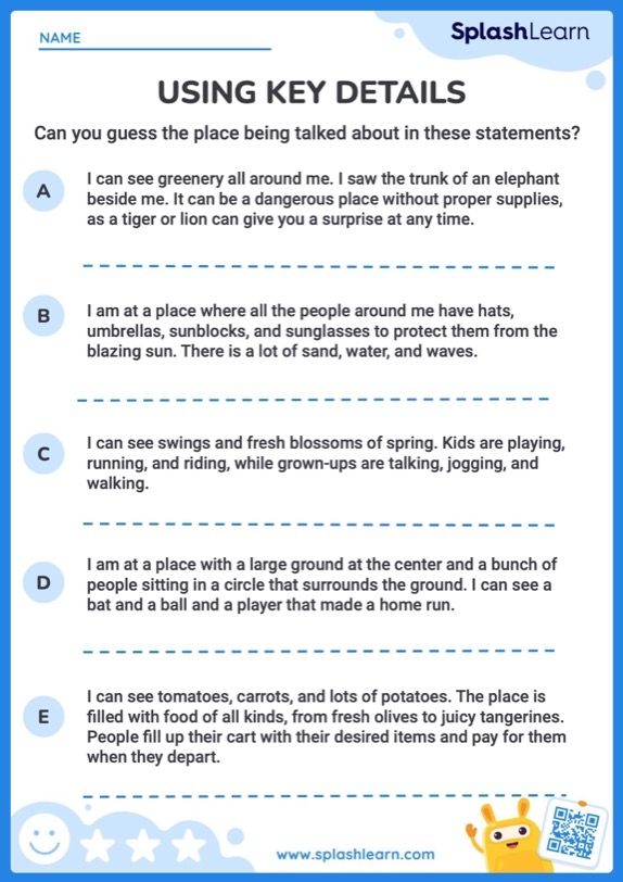 A graphic organizer template showing spaces for students to record the central idea of an informational text and supporting key details from their reading