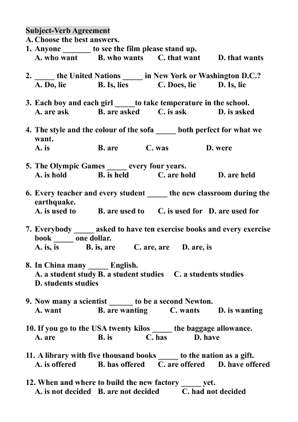 Worksheet for practicing noun and verb agreement for fourth graders