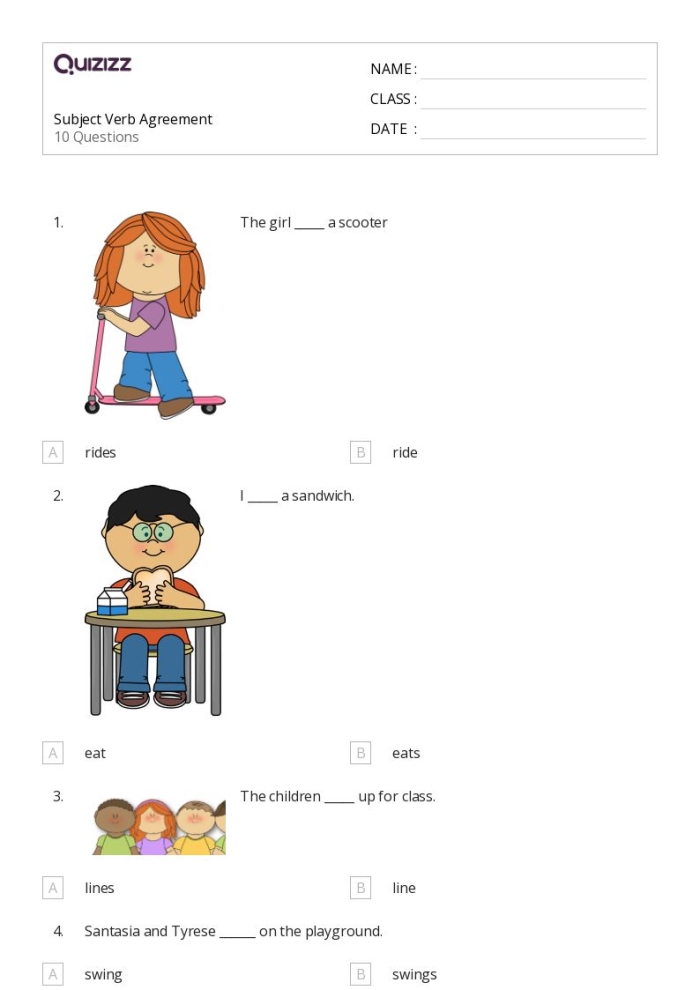 Noun and Verb Agreement worksheet for fourth graders focusing on grammar practice