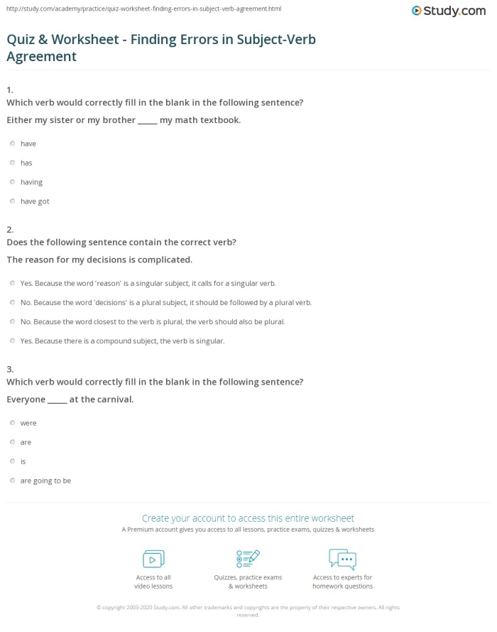 Noun and verb agreement practice worksheet for fourth graders