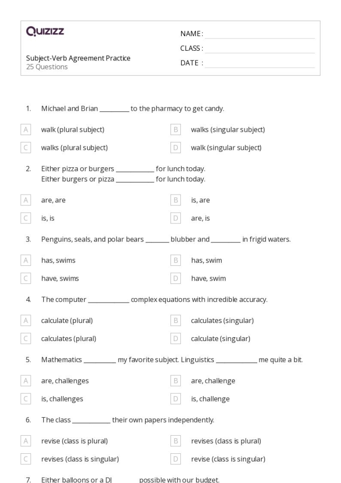 Noun and verb agreement practice worksheet for fourth graders
