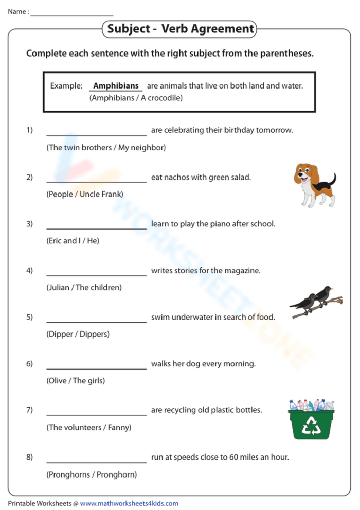 Worksheet for practicing noun and verb agreement focusing on subject-verb relationships
