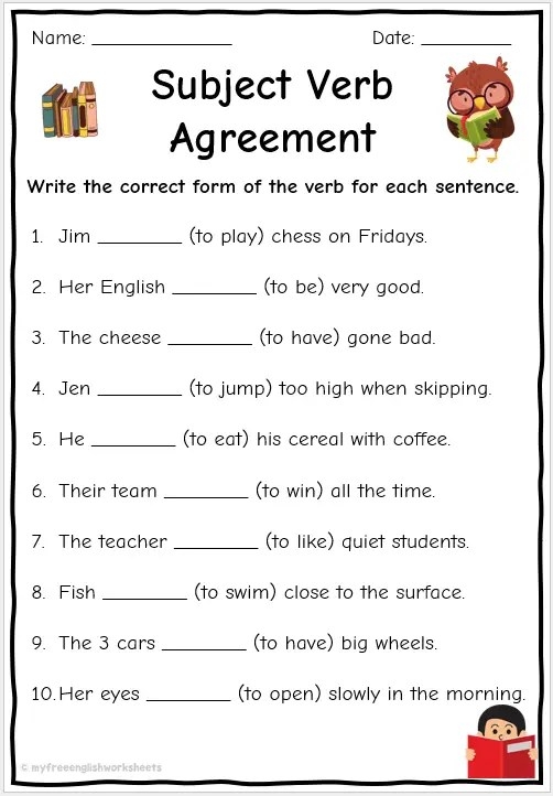 Noun and Verb Agreement worksheet for fourth graders focusing on grammar practice