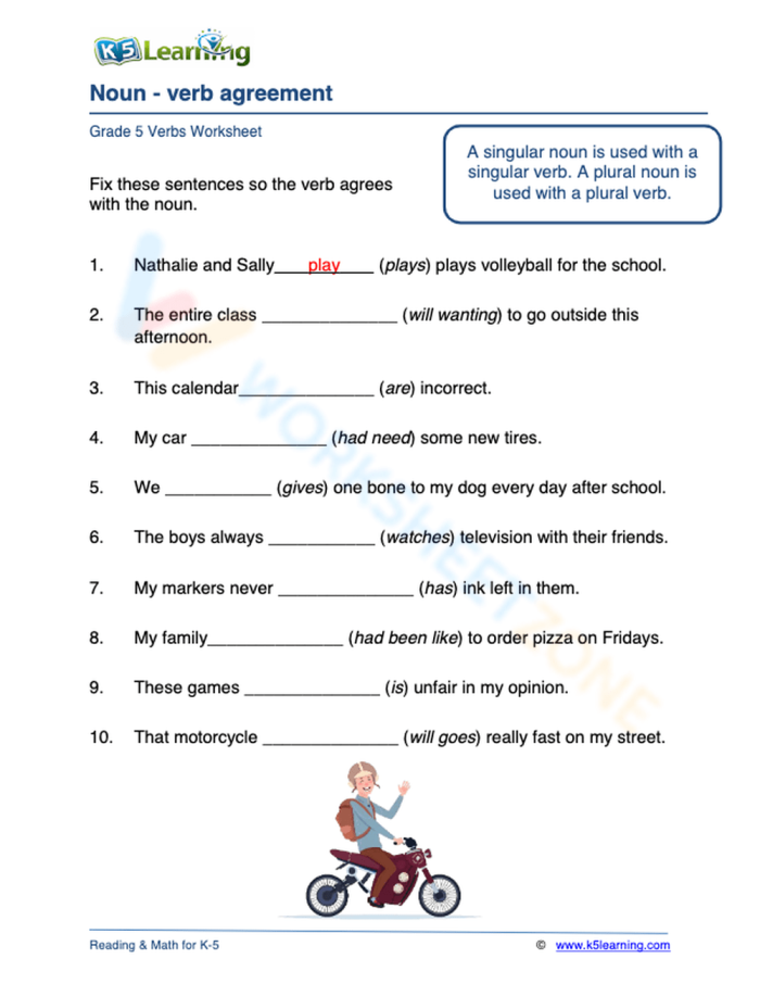 Noun and Verb Agreement worksheet for fourth graders focusing on subject-verb relationships