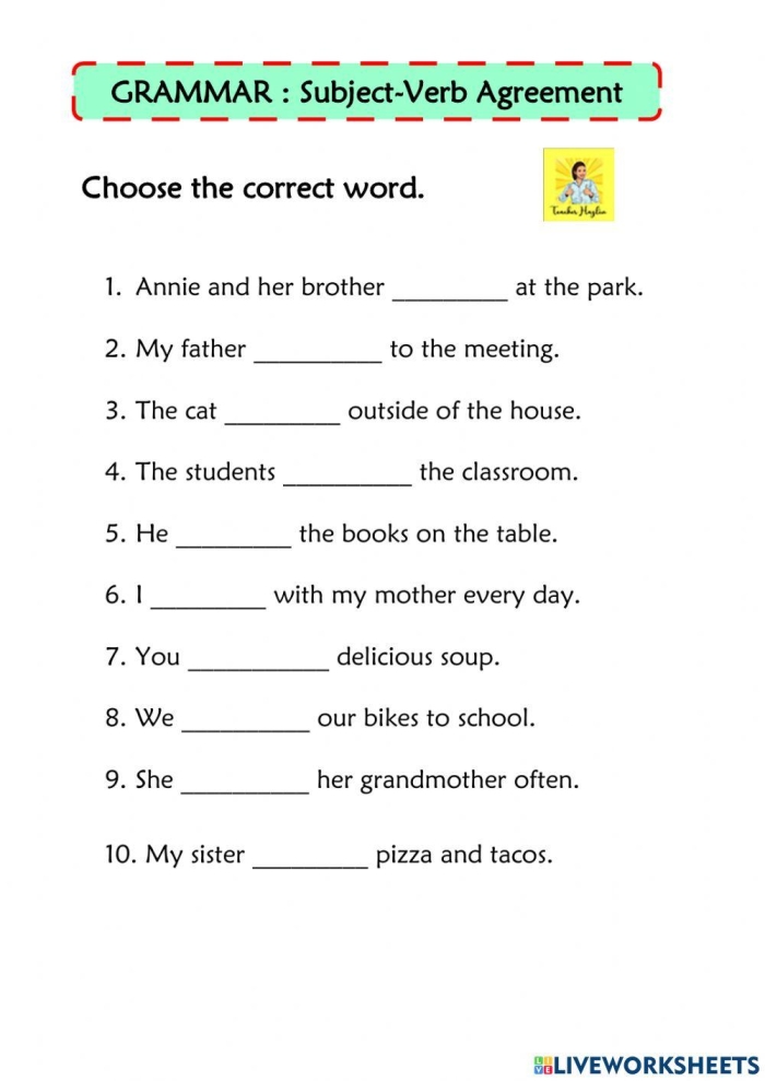Worksheet for practicing subject-verb agreement with nouns and verbs for fourth graders