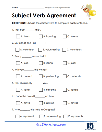 Noun and Verb Agreement worksheet for fourth graders focusing on subject-verb agreement practice