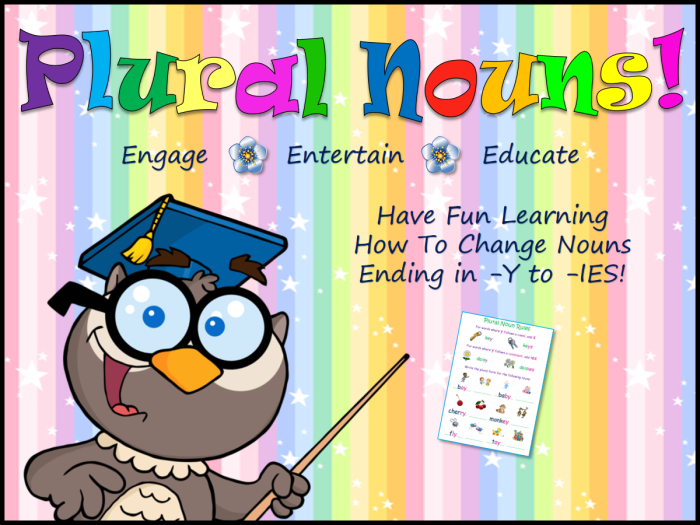 Second grade grammar worksheet showing singular nouns ending in y being converted to plural forms with s or ies endings