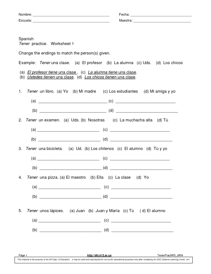 Worksheet illustration demonstrating the use of "el" and "la" with Spanish nouns Nouns in Spanish worksheet for fourth graders focusing on gendered articles
