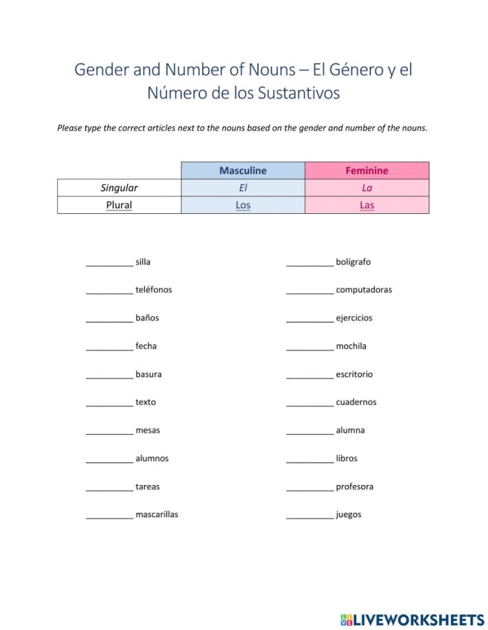 Phonics worksheet for Fourth Grade Worksheet featuring nouns in Spanish with a focus on gendered articles. Educational resource for fourth-grade phonics students on using "el" and "la" correctly.