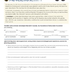 Worksheet for pre-reading activity on stereotypes in The Outsiders