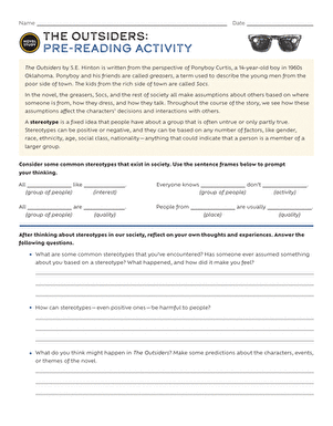 Pre-reading activity worksheet for R.J. Palacio’s Wonder designed for fourth graders