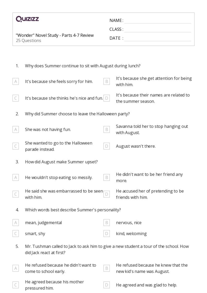 Novel Study: Wonder Acts of Kindness worksheet for engaging learning activities Worksheet featuring acts of kindness activity related to the novel Wonder for fourth-grade students