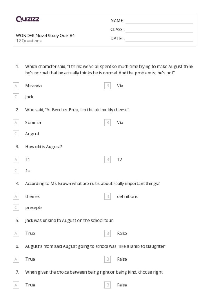 Worksheet image illustrating character analysis for the novel Wonder Character Tracker worksheet for R.J. Palacio's Wonder, designed for fourth-grade students