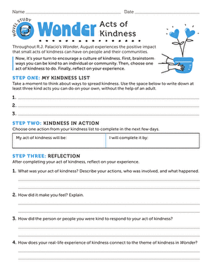 Pre-reading activity worksheet for the novel Wonder by R.J. Palacio aimed at fourth-grade students