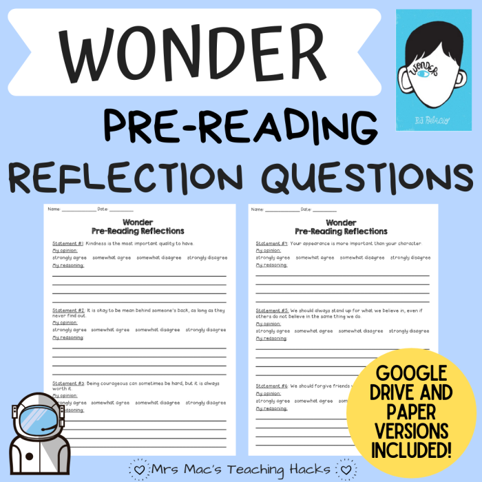 Pre-reading activity worksheet for R.J. Palacio's Wonder designed for fourth-grade students