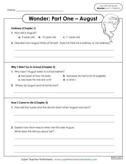 Worksheet for pre-reading activities related to R.J. Palacio's Wonder for fourth graders