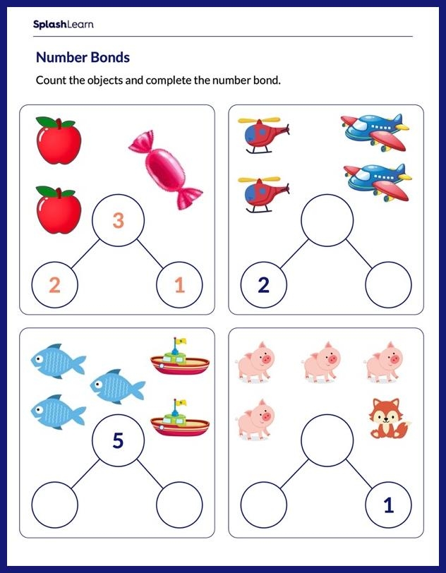 First grade worksheet featuring number bonds to enhance addition and subtraction skills