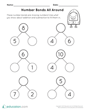 First grade student worksheet featuring number bond math problems to practice addition and subtraction