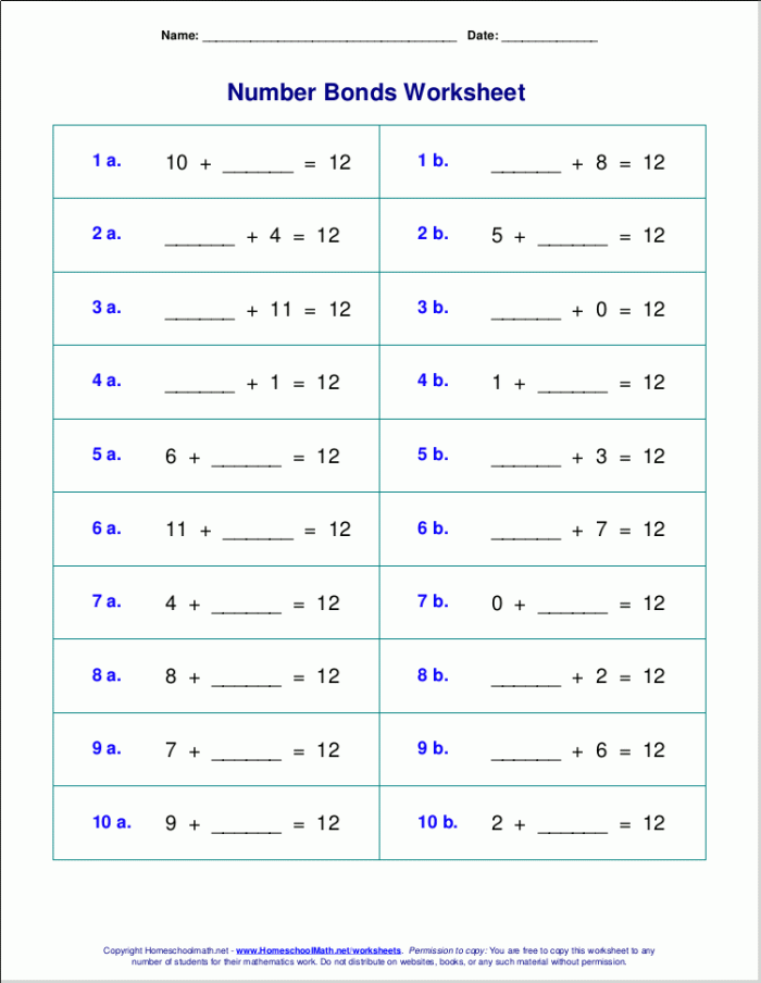 First grade worksheet featuring number bonds to enhance addition and subtraction skills