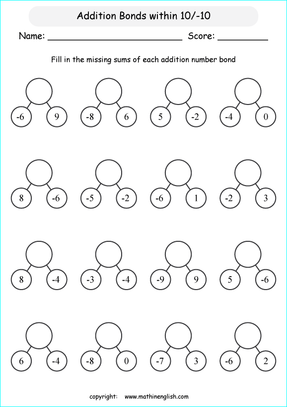 First grade math worksheet showing number bond exercises to practice addition and subtraction facts