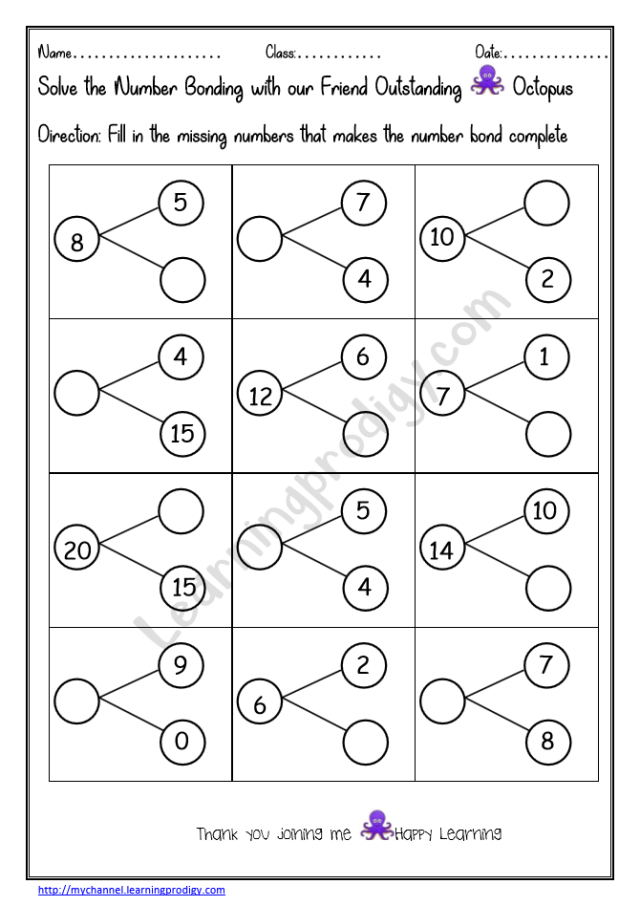 First grade worksheet featuring number bonds for addition and subtraction practice