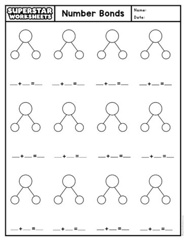 First grade math worksheet featuring number bonds for practice with addition and subtraction fact families