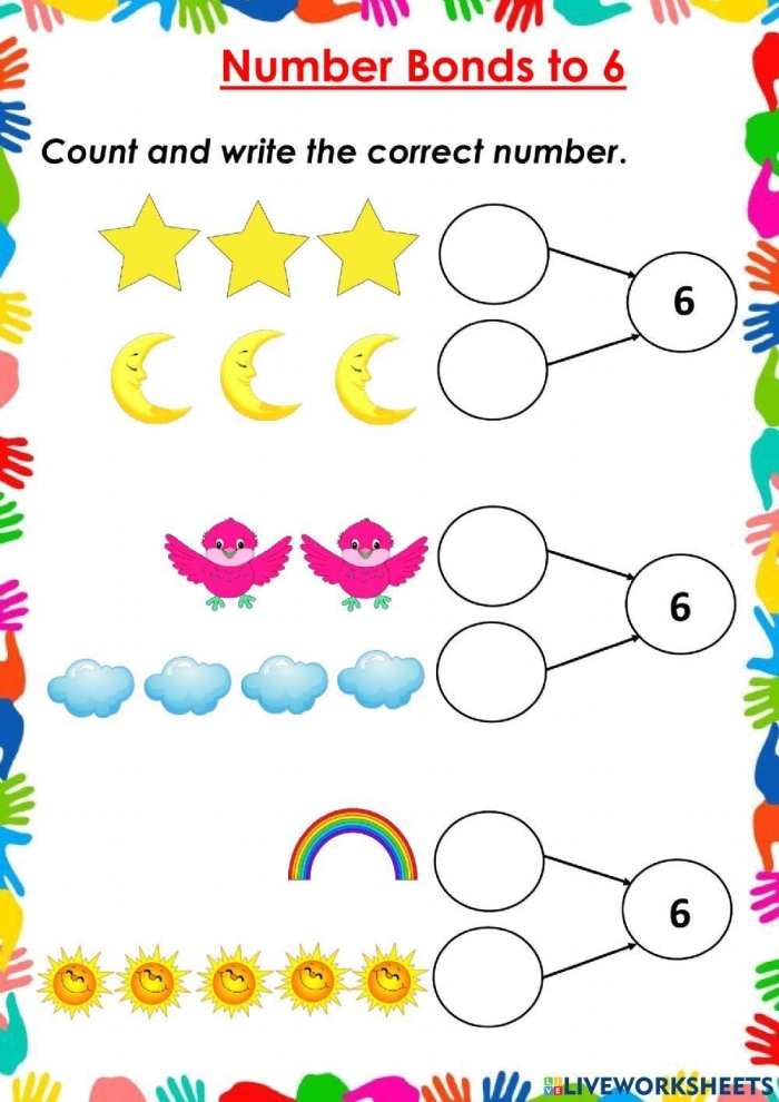 Worksheet illustrating number bonds for first graders to practice addition and subtraction relationships