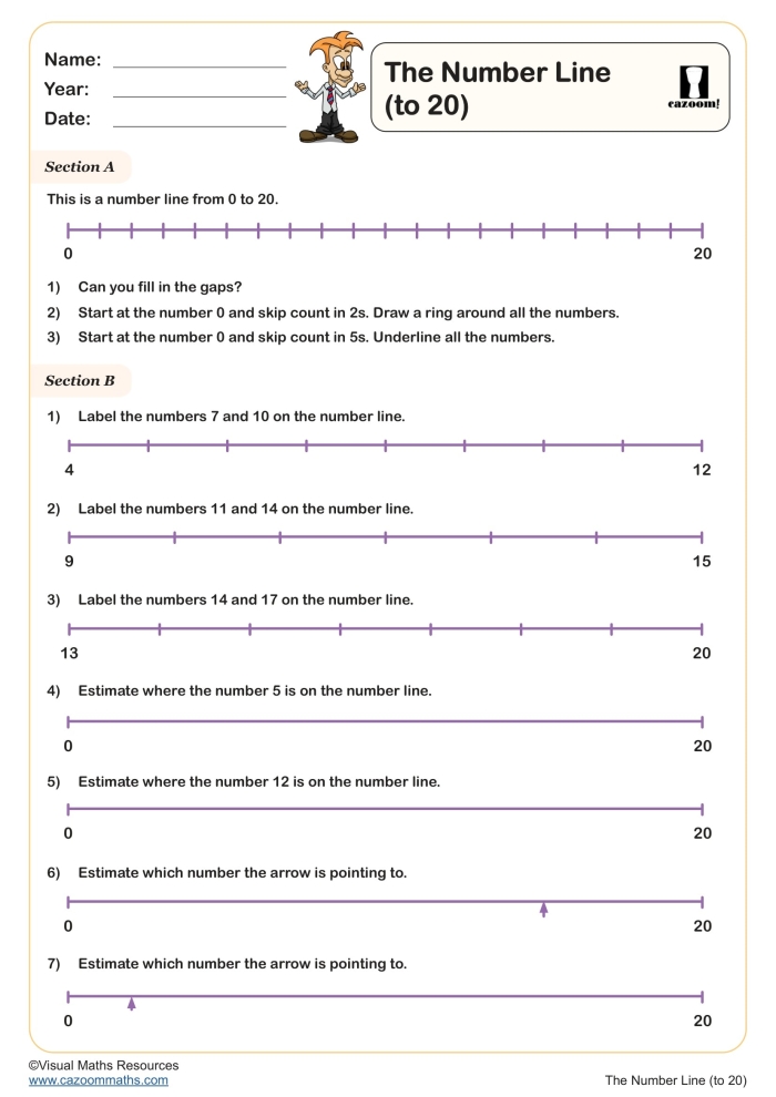 First grade math worksheet featuring a horizontal number line from 1 to 20 for addition and subtraction practice