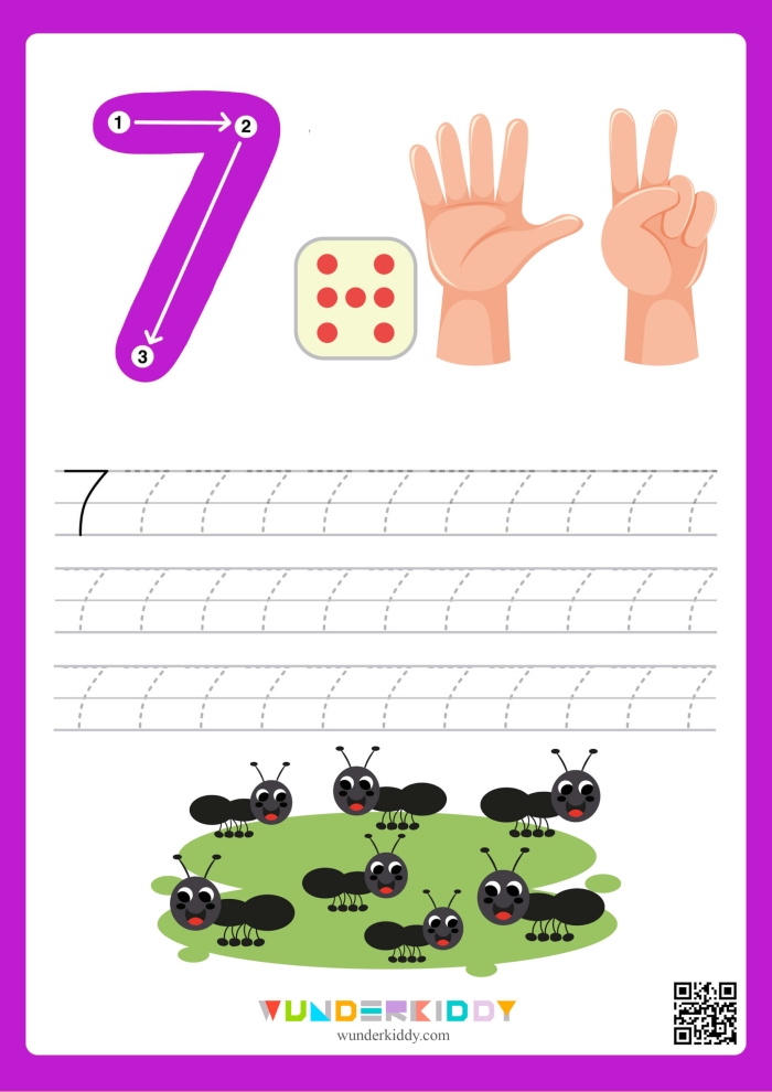 Kindergarten student tracing and writing the number 1 while counting rabbits for a math worksheet activity