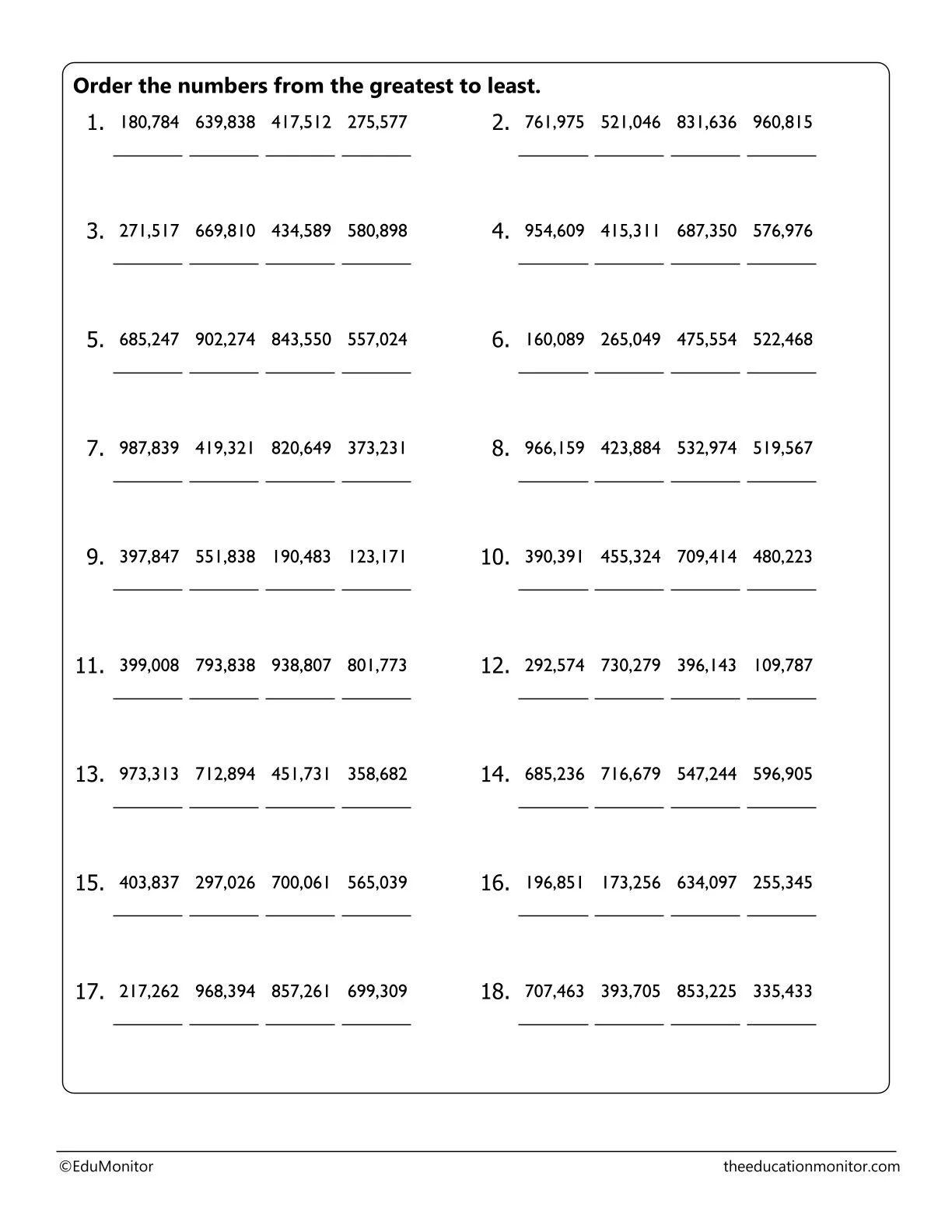 First grade worksheet for ordering numbers from least to greatest