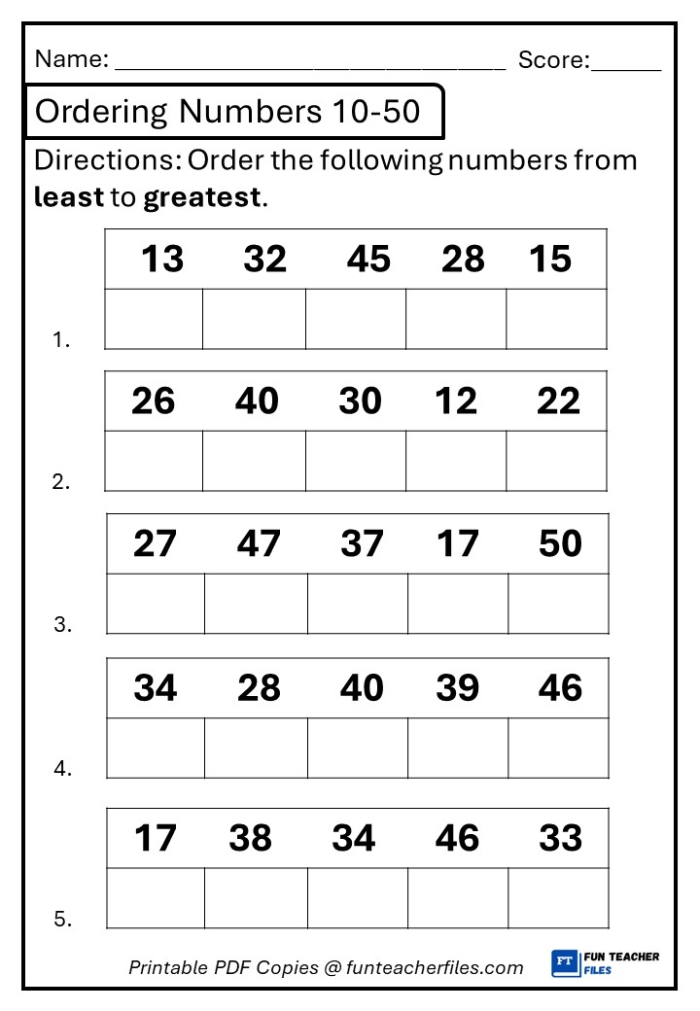 First grade worksheet featuring a sequence of numbers to be arranged from least to greatest for practice 15