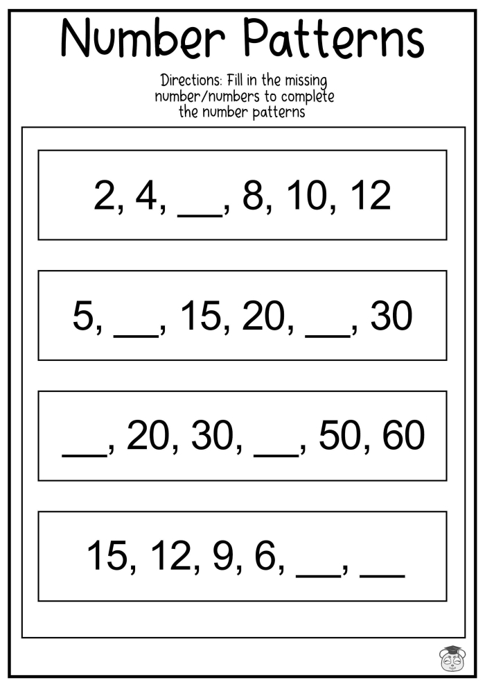 Number patterns worksheet for first graders focusing on sequences of 2, 5, and 10. Engaging fill-in-the-blank activity to enhance number sense skills.