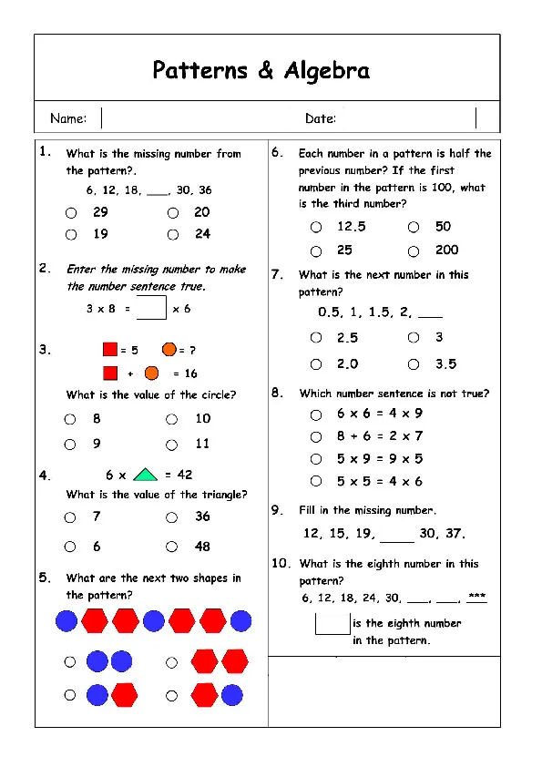 Second grade student working on a number patterns practice test worksheet