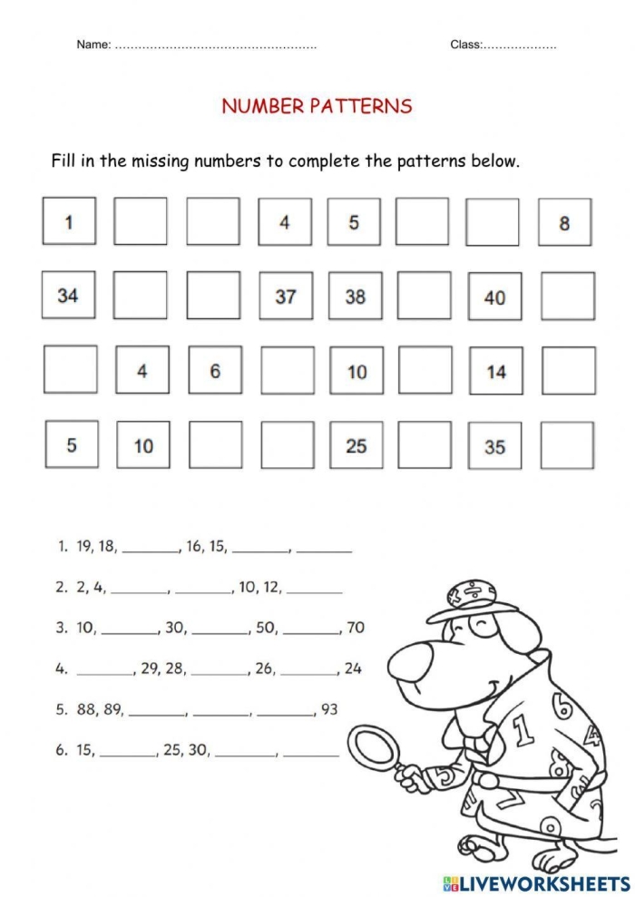 Second grade student filling out a math worksheet about identifying the next number in a sequence
