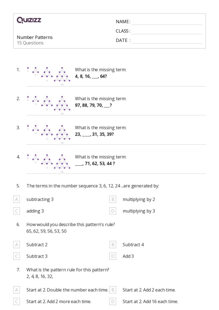 Second grade student working on a printable number patterns practice test worksheet