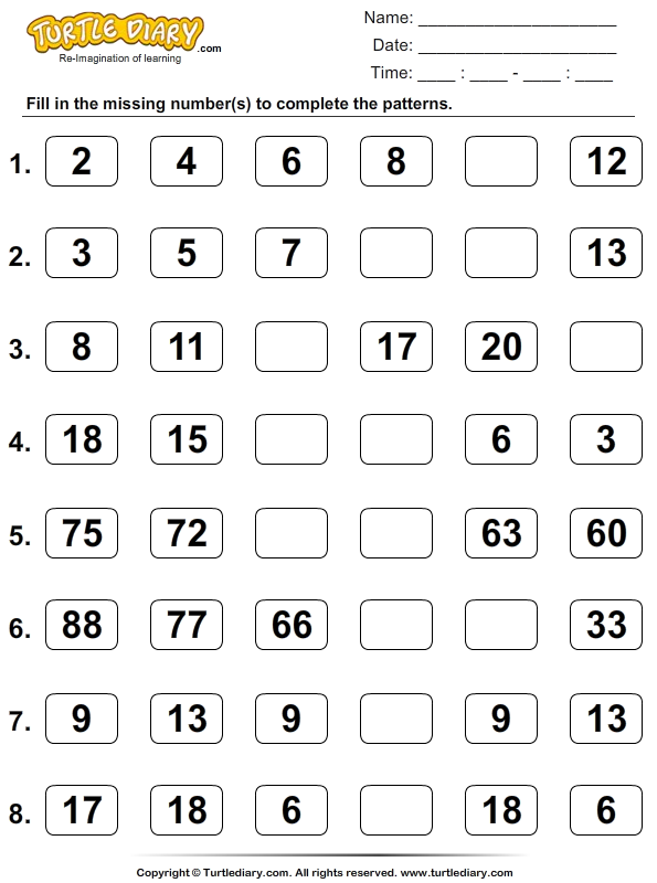 Number Sense: Complete the Pattern worksheet for building multiplication skills Worksheet for practicing number patterns in fractions for second graders