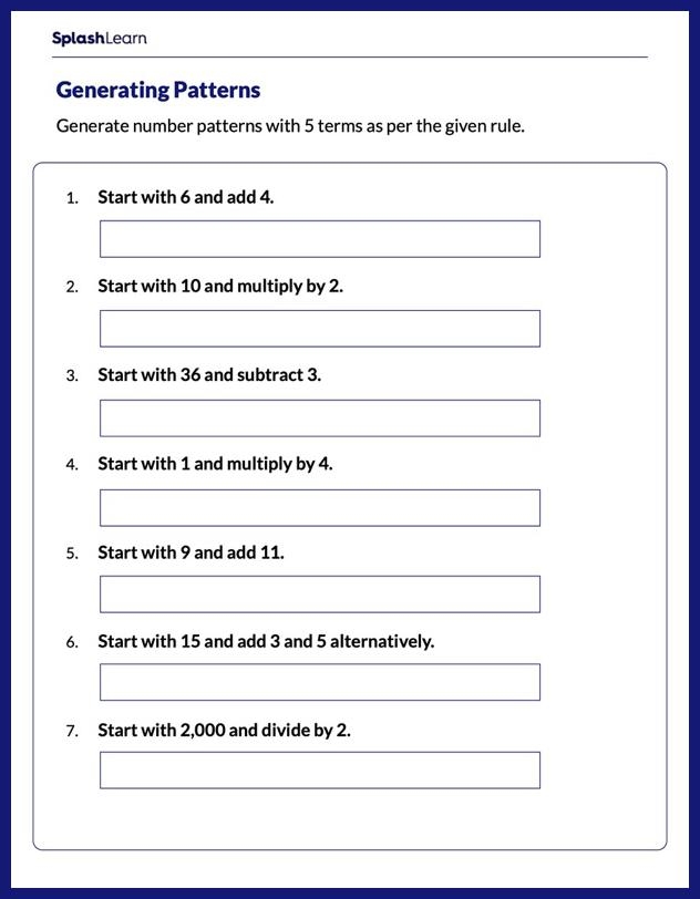Number Sense: Complete the Pattern worksheet for enhancing multiplication skills Worksheet for practicing number patterns in fractions for second graders