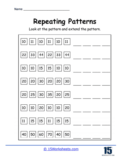 Complete the Pattern worksheet for developing number sense skills Worksheet illustrating number patterns for second graders focused on fractions