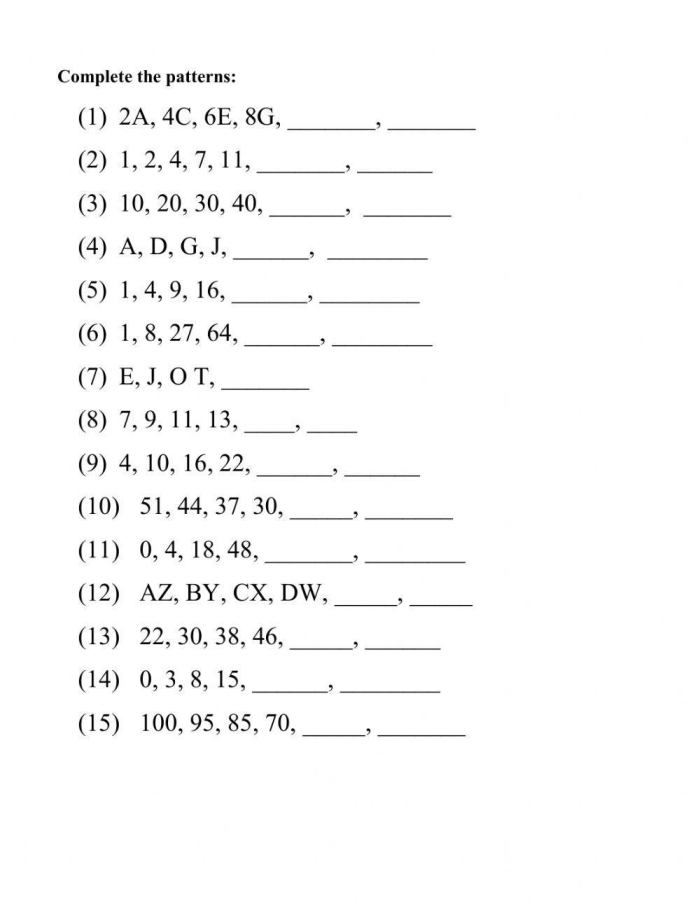 Number Sense: Complete the Pattern worksheet for building multiplication skills Worksheet for practicing number patterns in fractions for second graders