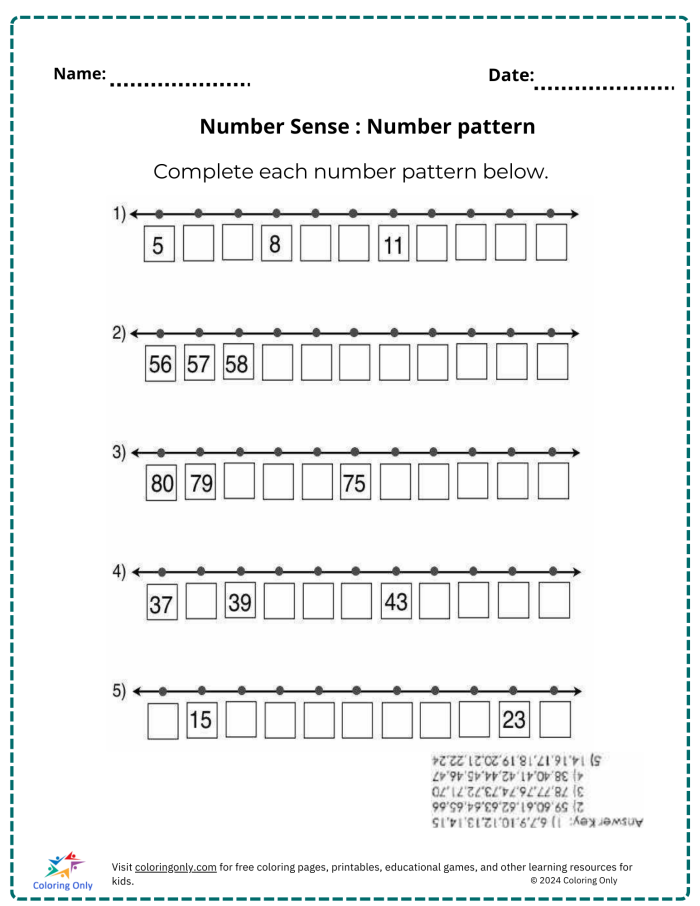 Complete the Pattern worksheet to enhance number sense for young learners Worksheet featuring number patterns for second graders focusing on fractions