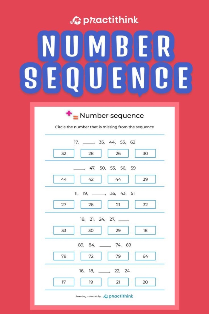 Third grade students practice logical thinking by identifying missing values in eighteen different numerical pattern problems.