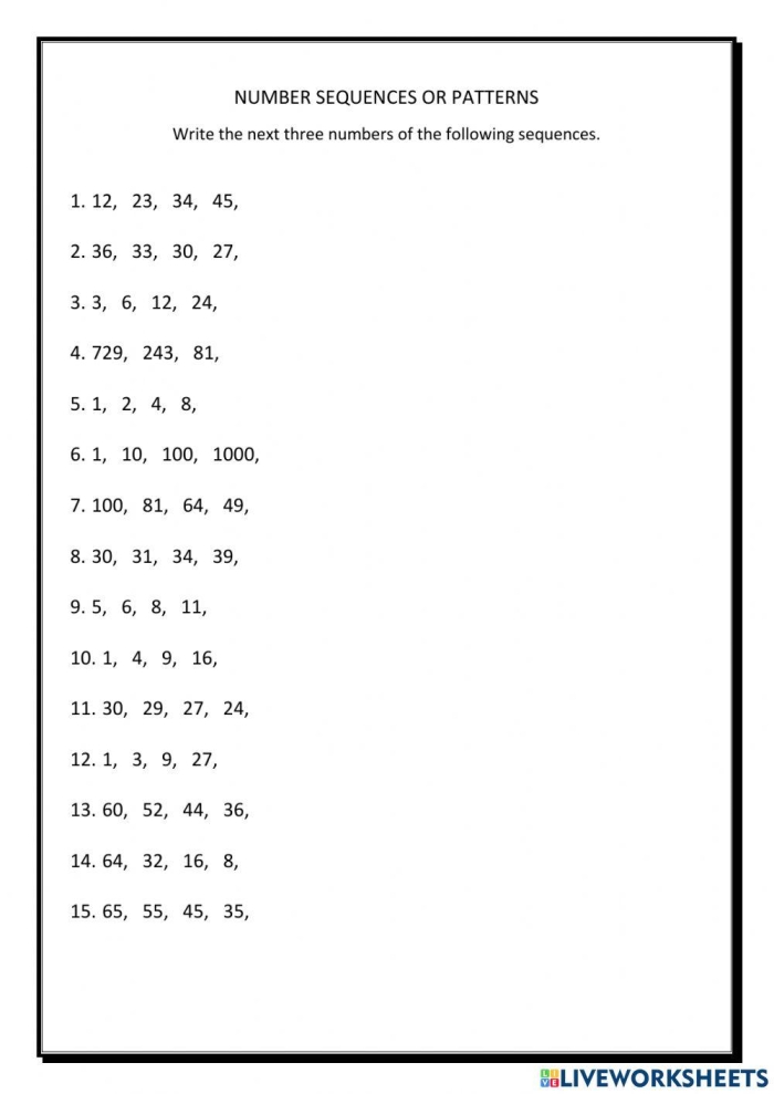Third grade math worksheet featuring eighteen number sequence problems for students to solve