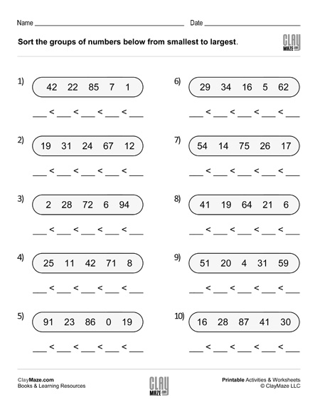 First grade student worksheet for practicing number sequencing from least to greatest