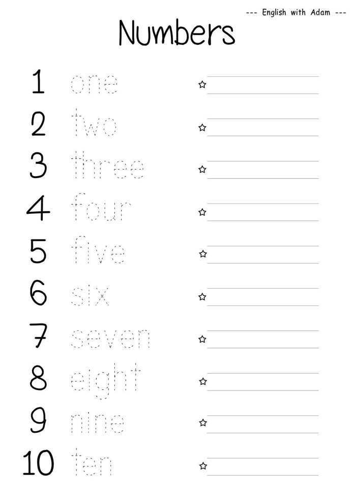 Pre-K student practicing writing numbers one through ten in different formats on a worksheet
