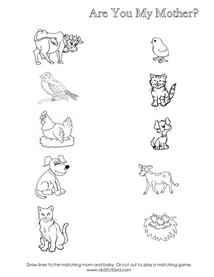 Kindergarten worksheet featuring a mother and child animal pair for science coloring