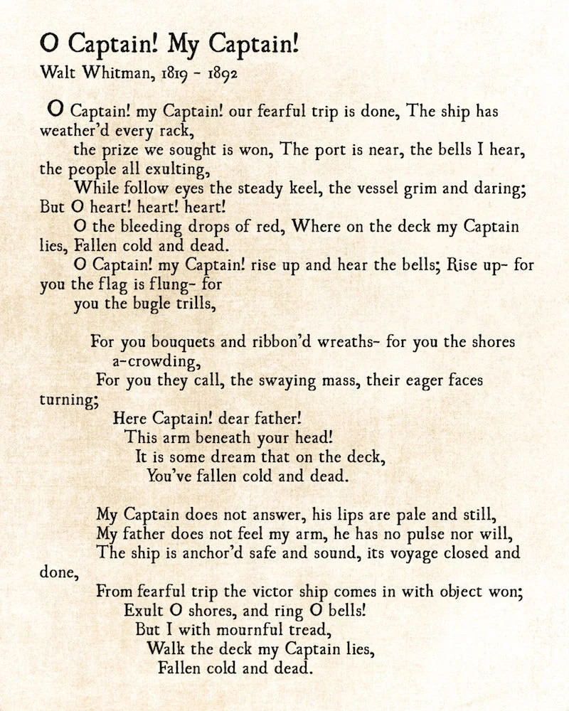 Seventh grade reading comprehension worksheet focused on figurative language in O Captain My Captain by Walt Whitman