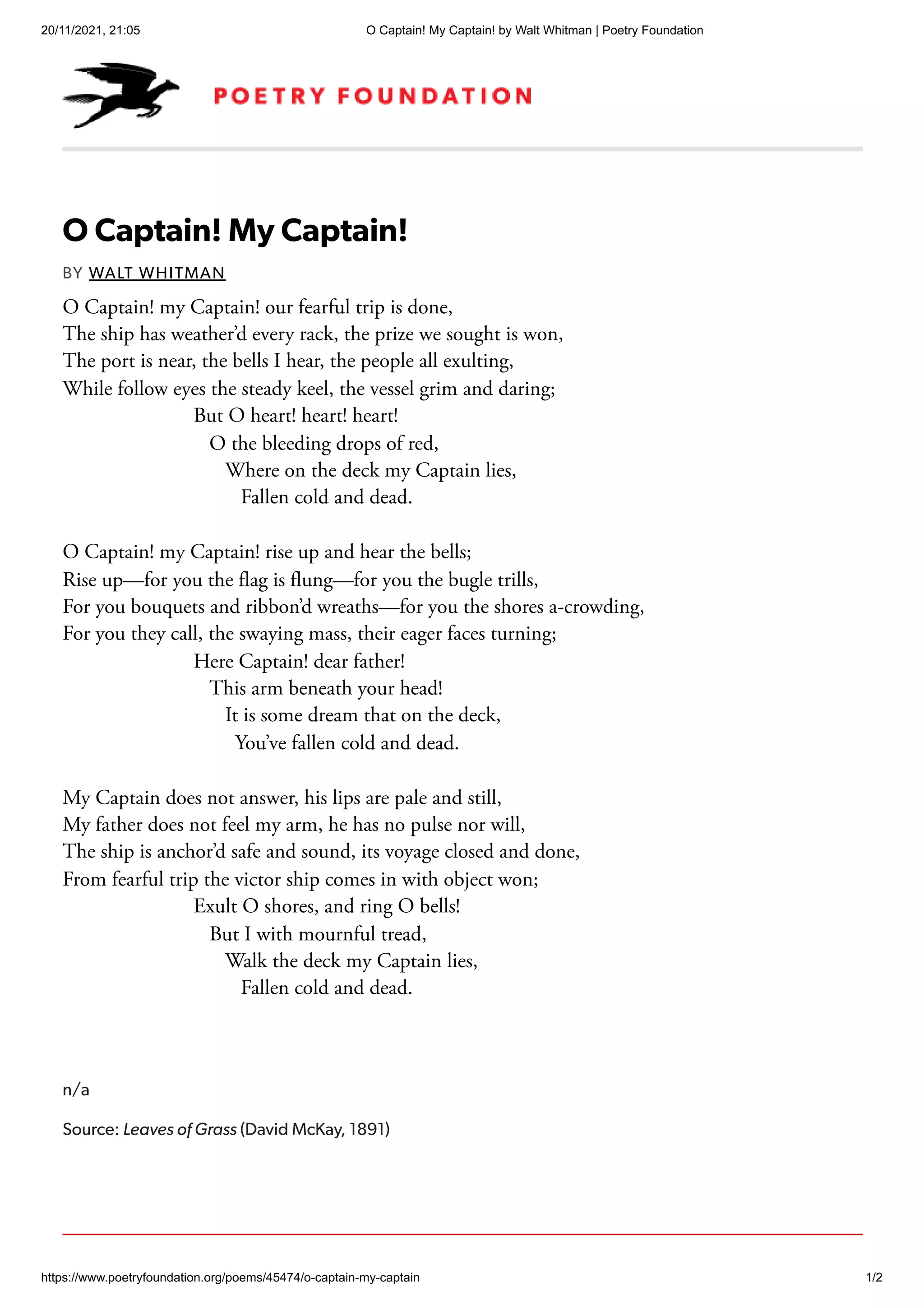 Seventh grade student analyzing Walt Whitman poem O Captain My Captain on a worksheet
