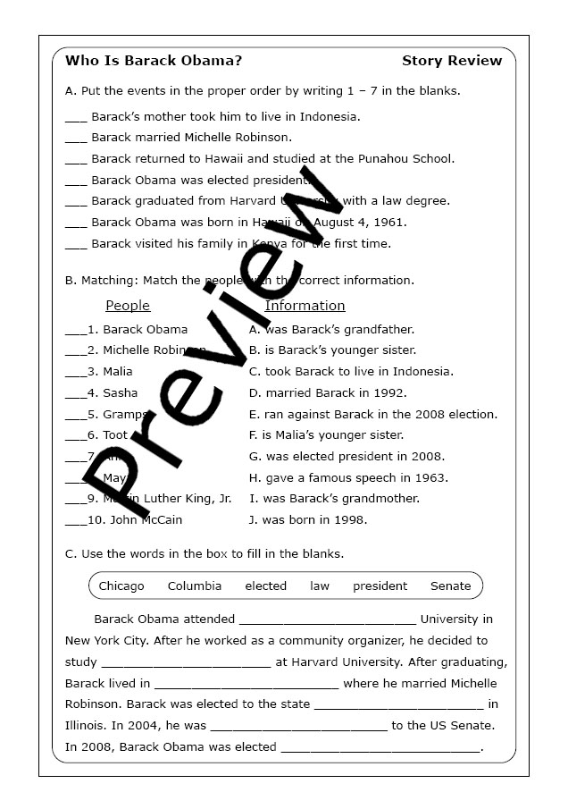 Barack Obama's Life Events Timeline Activity for Elementary Learners Timeline showing key events from Barack Obama's life including his birth in 1961, education, and becoming the 44th president of the United States for second grade students